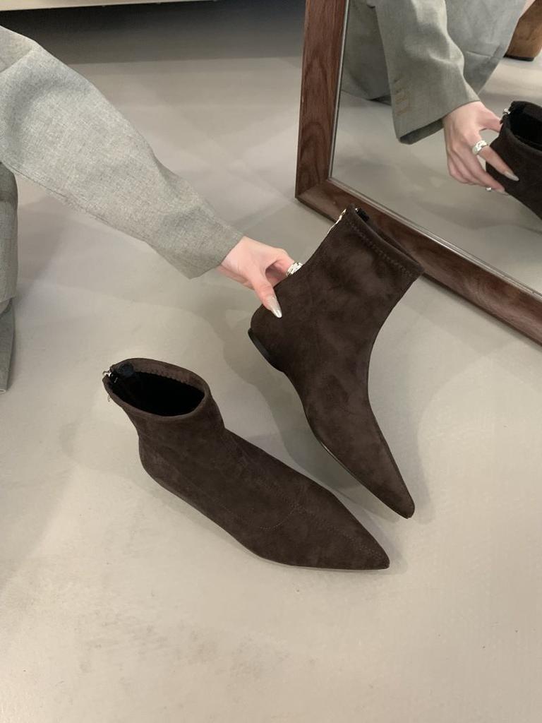 Frosted Simple Thin Boots Autumn and Winter Socks Boots Suede Trendy Brand Short Boots Femininity Flat Bottom Pointed 2025 New Flat Heel