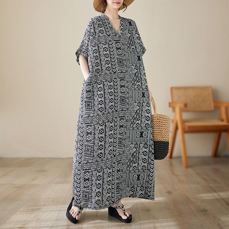 Spring Summer V-neck Cotton Linen Dresses Retro Long Robe Plus Size Loose Artistic Vacation Style Beach Dresses