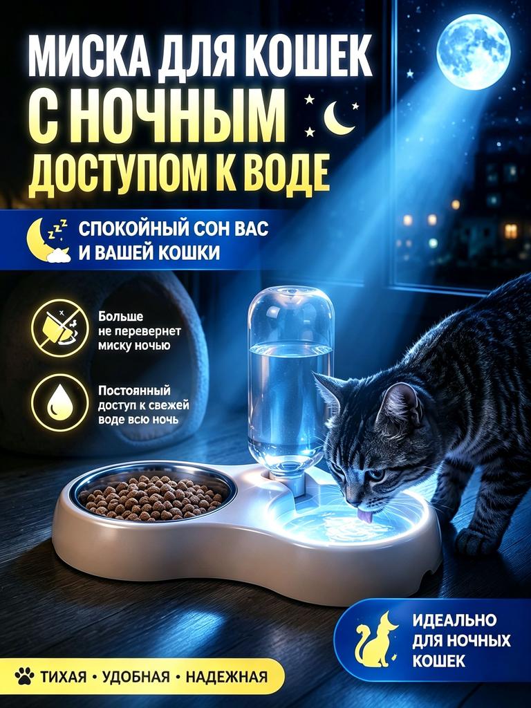 Double 2 in 1 cat bowl, night-lit auto-drinker, night water access, stable, metal food bowl