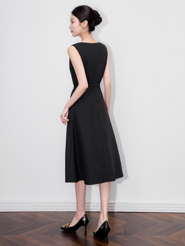 French High-End Square Neck Sleeveless Midi Dress with Waist-Gathering