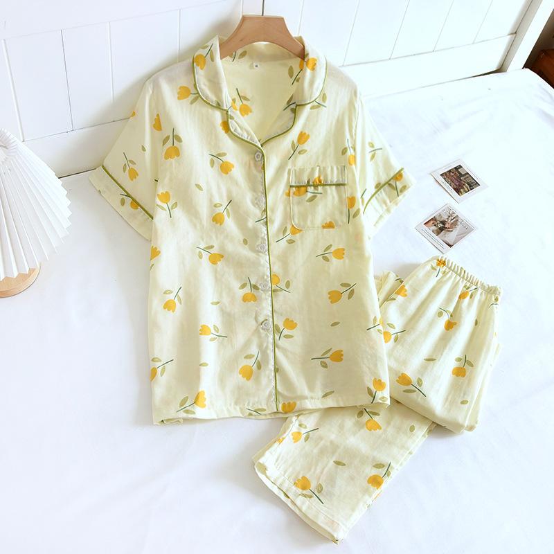 New Spring and Summer Pajamas Two-piece 100% Cotton Gauze Women's Short-sleeved Trousers Home Service Suit Cute and Thin