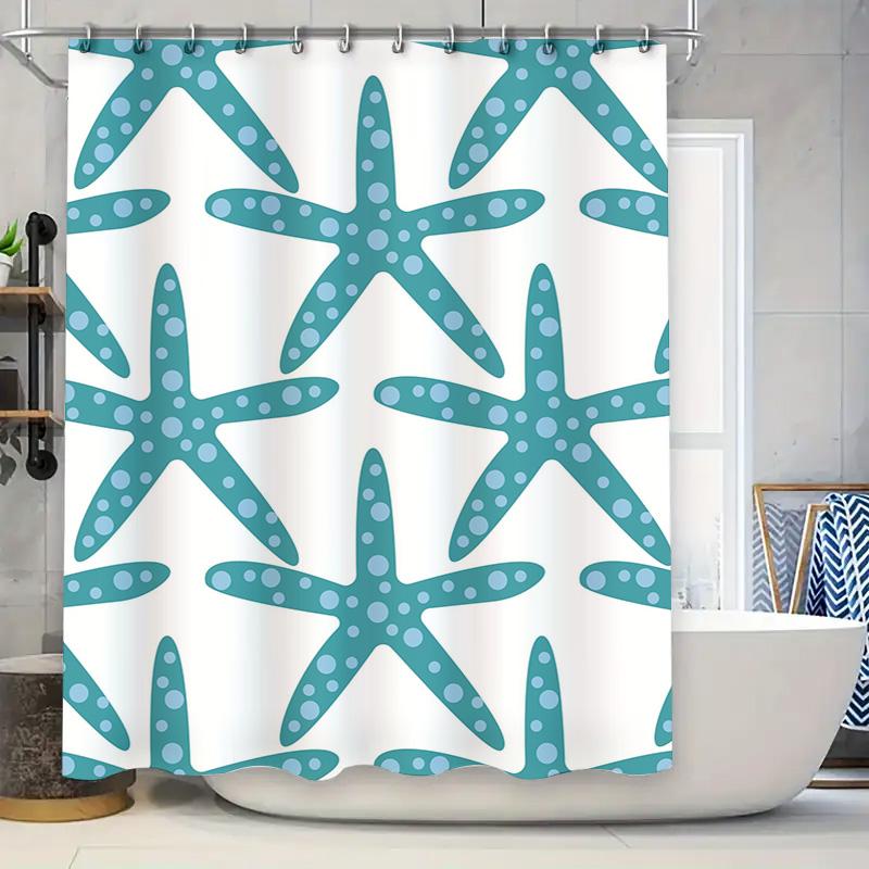 Sea Starfish Shower Curtain Waterproof Fabric Decorative Blue White Printed Bath Shower Tarpaulin Home Decor (180X245Cm)