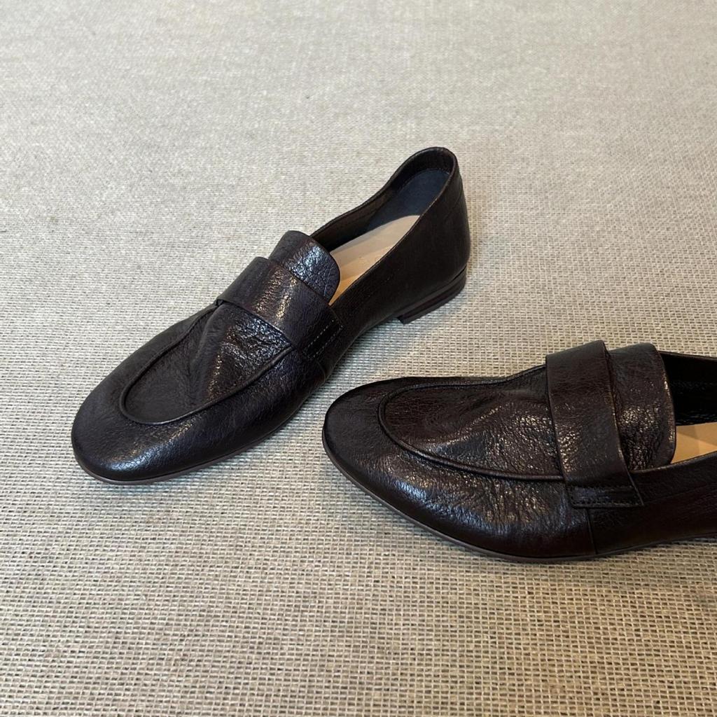 Cowhide version~ niche leather loafers women's one-pedal lazy shoes flat single shoes women's low-heeled commuting small leather shoes