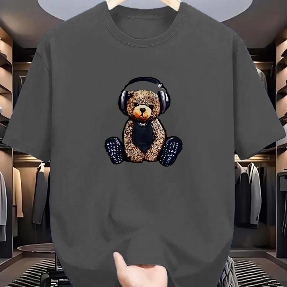 Men's Summer Cotton Fashion Casual Sports Loose Music Bear Pattern Printed Round Neck Short Sleeve T-shirt Top
