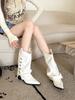 European and American style metal buckle wide tube thin pointed thick heel trousers short boots