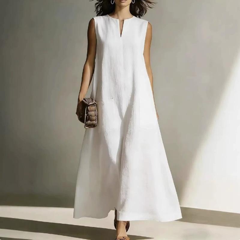 Women s Cotton Linen Sleeveless Maxi Dress Casual Loose V Neck Split Long Dresses with Pockets for Summer S белый