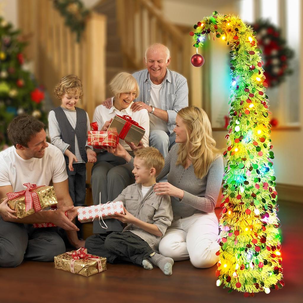 Brad de Crăciun Artificial Înclinabil cu Lumină LED Colorată Curbată de 5m, Glob Roșu, Două Tipuri de Iluminare, Brad Artificial de Pin cu Paiete Circulare, Crăciun