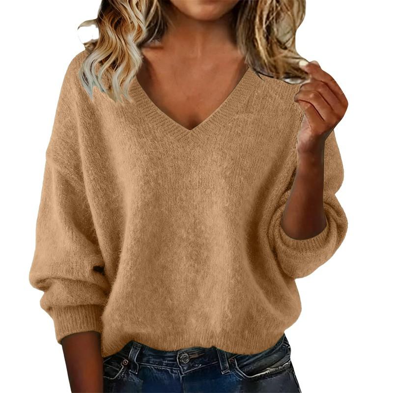 Womens Loose Fit V-Neck Knit Sweater Solid Color Casual Long Sleeve Pullover Winter