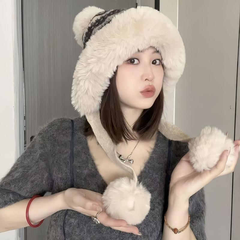 Autumn and Winter Knitted Hat Plush Thickened Warm Mongolian Hat Women's Hairball Ear Protection Wool Hat Big Head Circumference