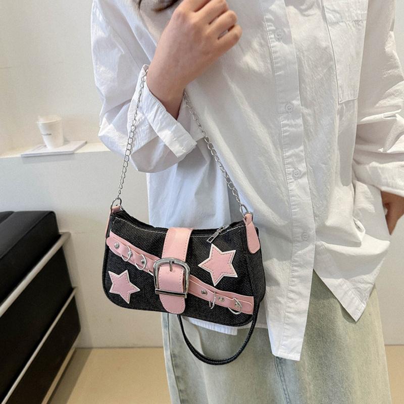 Borse a Tracolla Catena Y2K Hot Girl con Motivo a Stelle per Donna Borsa a Mano Nera Rosa Borsa di Lusso Designer Grunge Borsa a Tracolla Stile Gotico Motor