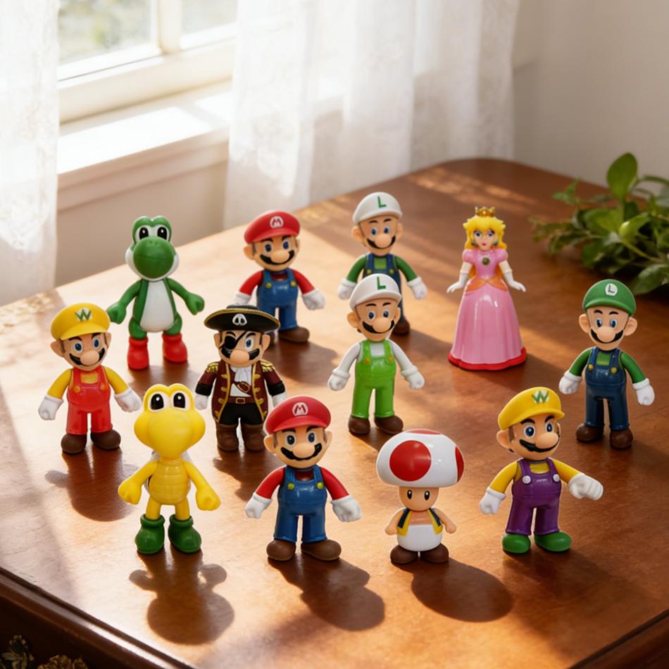 12 Styles Mario Action Figure Bowser Wario Toad Princess Peach Anime Activity All Star Collection Model Toy Children Birth Date Gifts