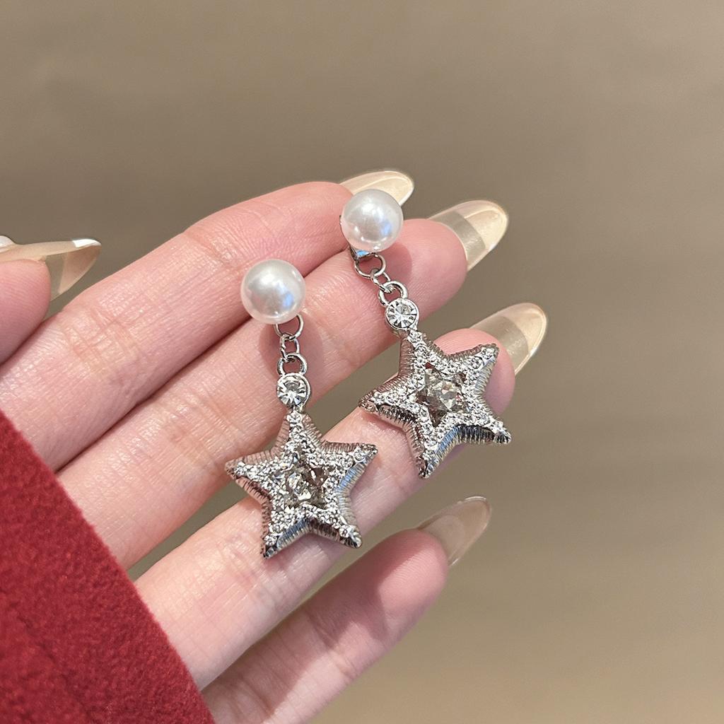 1 Pair Full zircon ear studs - exquisite and fashionable five-pointed star pearl earrings
