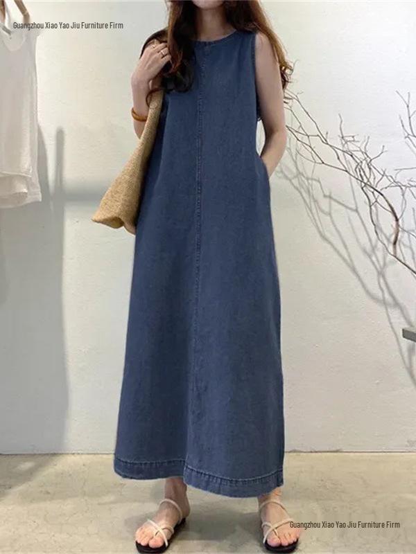Women's Sleeveless Denim Long Skirt Dress with Pockets