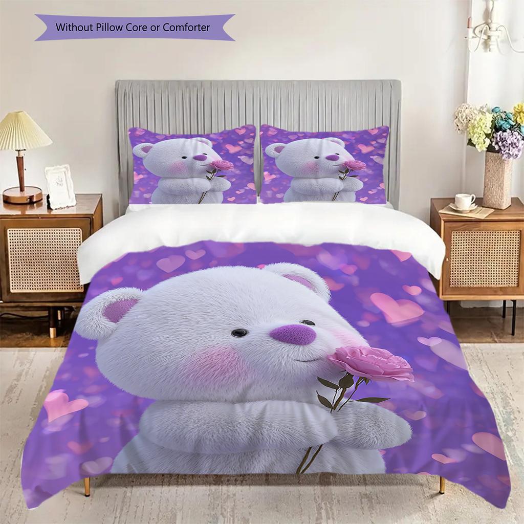 Bear Doll Pattern Bedding Quilt Set Quilt Cover Pillowcase Home Decoration Birthday Gift (1 * Duvet Cover + 2 * Pillowcase, Without Core)