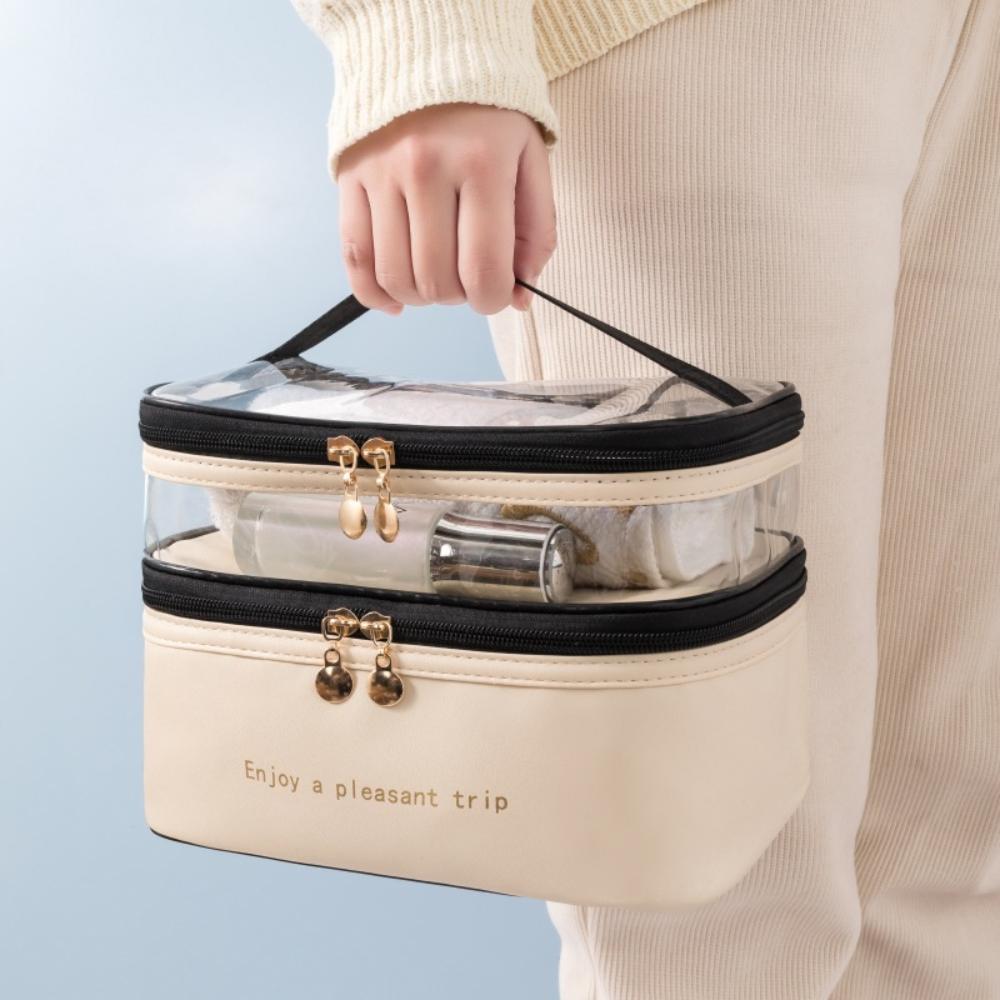 Double-layer Cosmetic Bag Solid Color PU Transparent Wash Handbag INS Fashion Waterproof Travel Portable Large Capacity Storage Bag