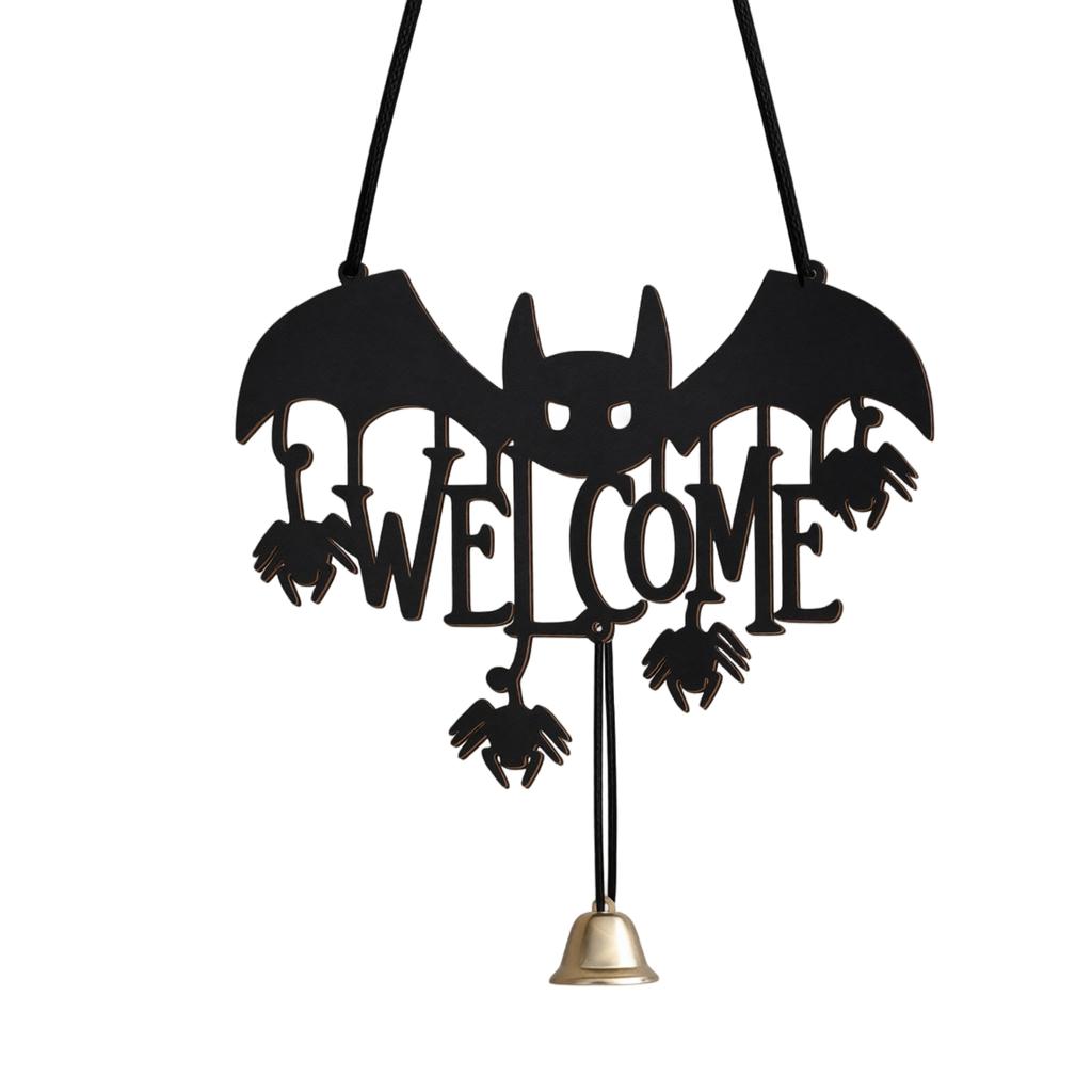 2D Halloween Wooden Door Hanger with and Cutout Design, Welcome Sign with Bell for Home Decor
