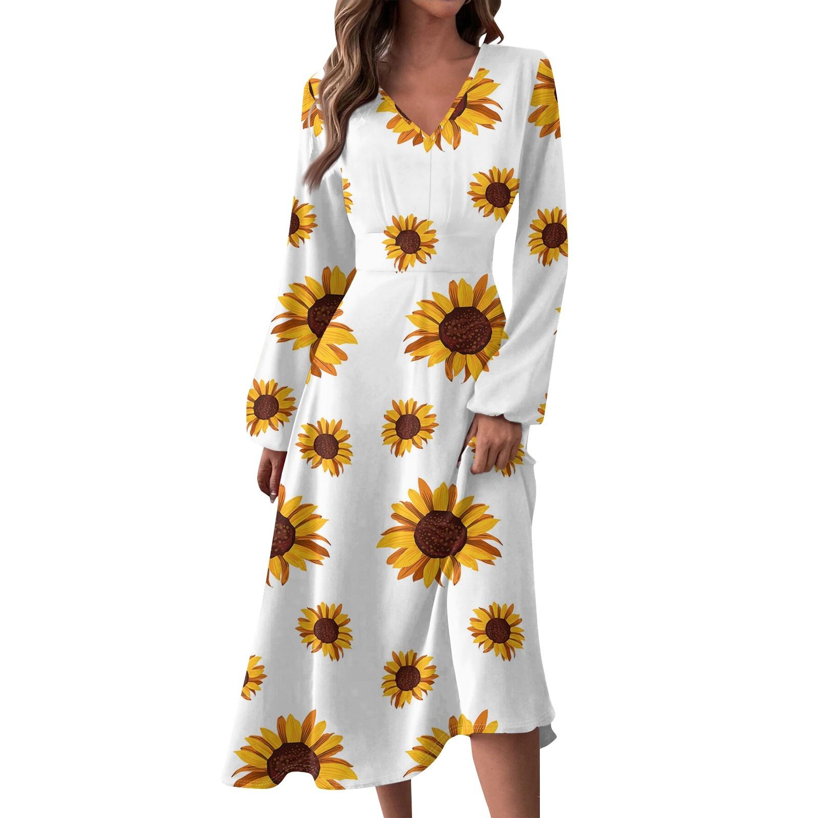 

Женское осенне-зимнее повседневное модное длинное платье с v-образным вырезом и длинным рукавом с принтом L белый