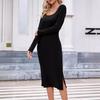 Women's Solid Color Long Sleeve Square Neck Slim and Elegant Long Dress
