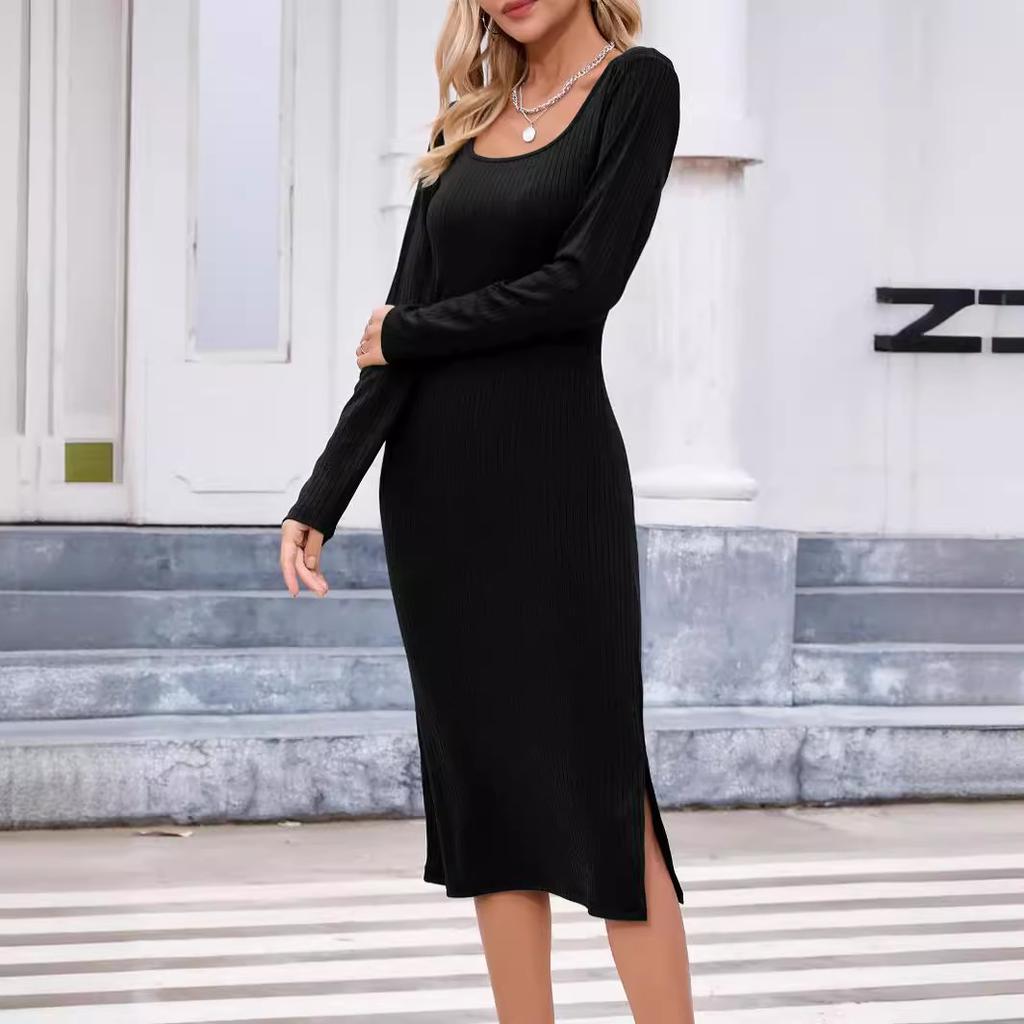 Women's Solid Color Long Sleeve Square Neck Slim and Elegant Long Dress