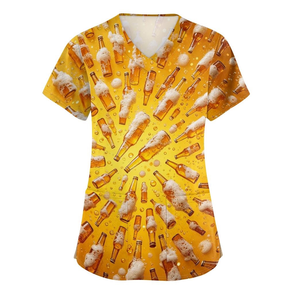 Women V Neck Short Sleeve Work Shirt with Pockets Beer Festival Print Top Nurse Scrub Uniform for Healthcare Professionals