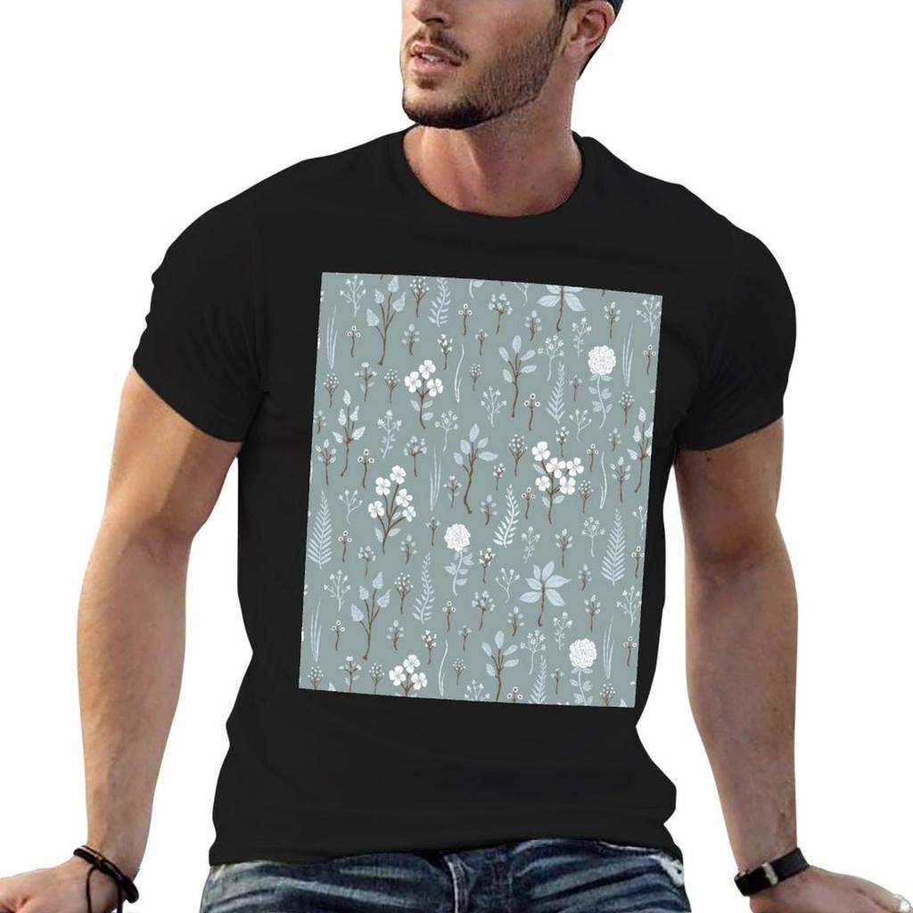 Pale Blue  White & Brown Floral/Botanical Pattern T-Shirt Anti-Wrinkle Short Sleeve T-Shirt