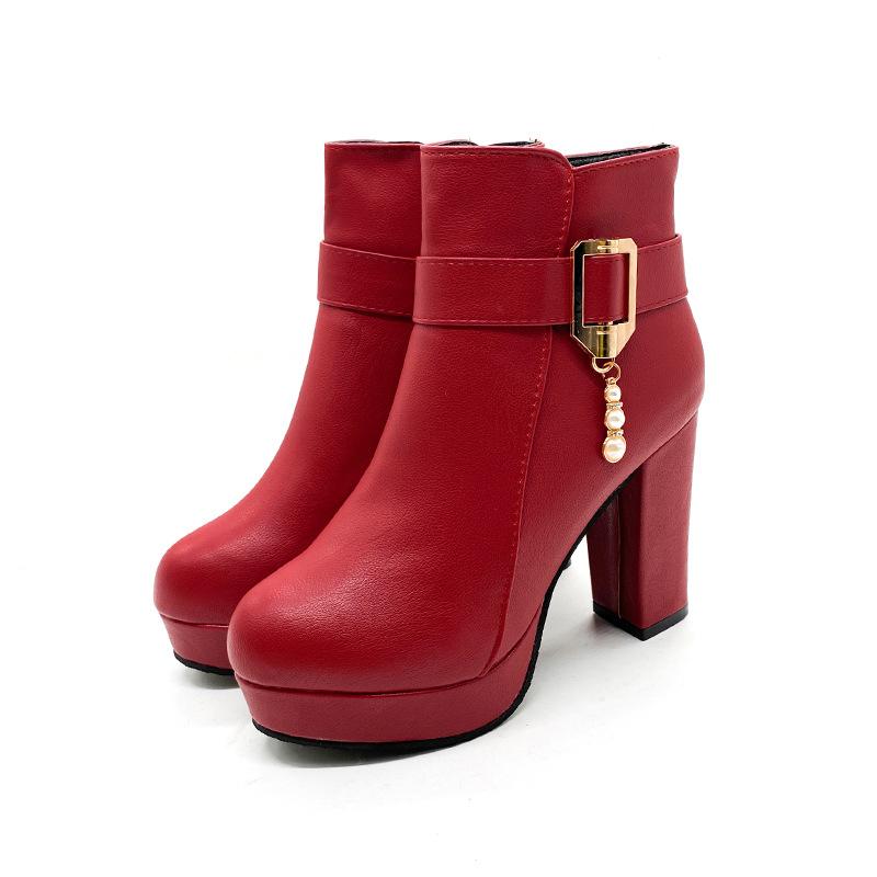

Comemore Autumn and Winter New Ankle Boots Chunky High Heels Women s Shoes Platform Pearl Solid Botines Para Mujeres 35 красный
