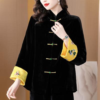 Manteau en coton et velours de soie brodé lourd de style chinois vintage pour femme avec boucle veste rembourrée en coton du Nouvel An