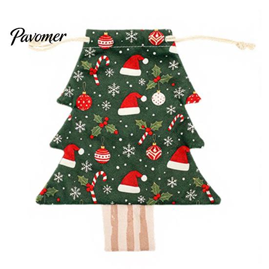 Seasonal Home Decor Christmas Tree Shaped Drawstring Gift Bags, Xmas Hanging Treat Sacks, Small Item Storage Pouches Holiday Candy for Decorations