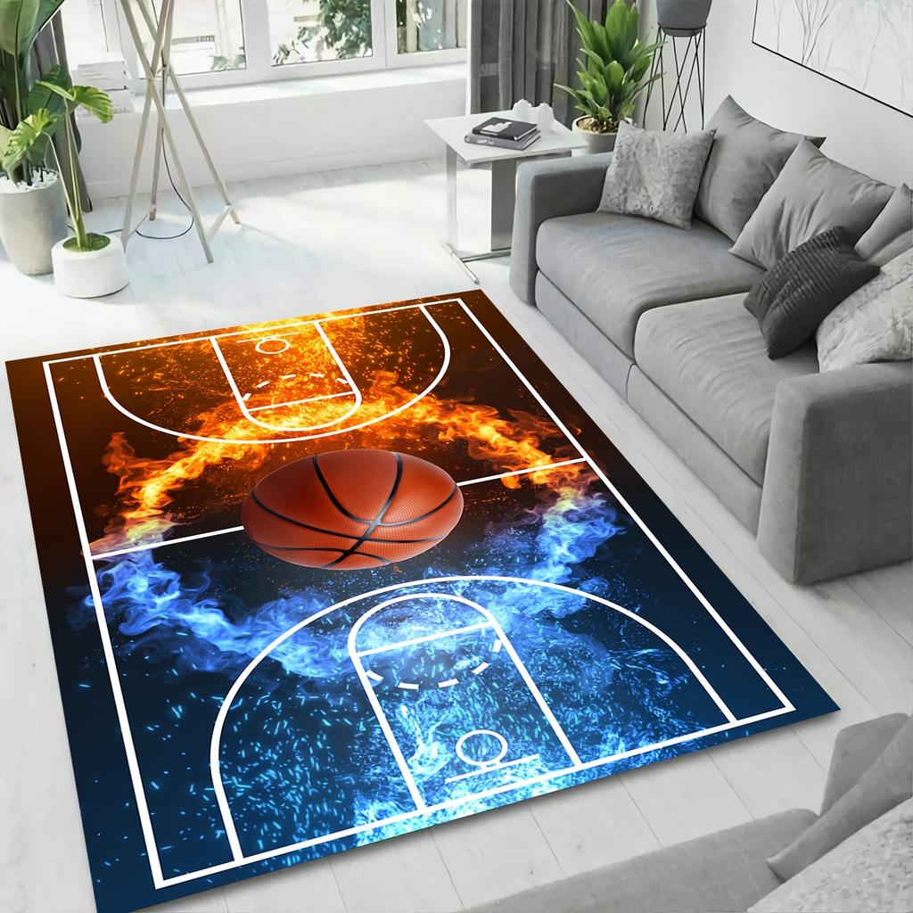 Large Basketball Court Carpet Non Slip Velvet Area Mat Flame Ice Design Machine Washable Polyester Indoor Outdoor Sports Decor
