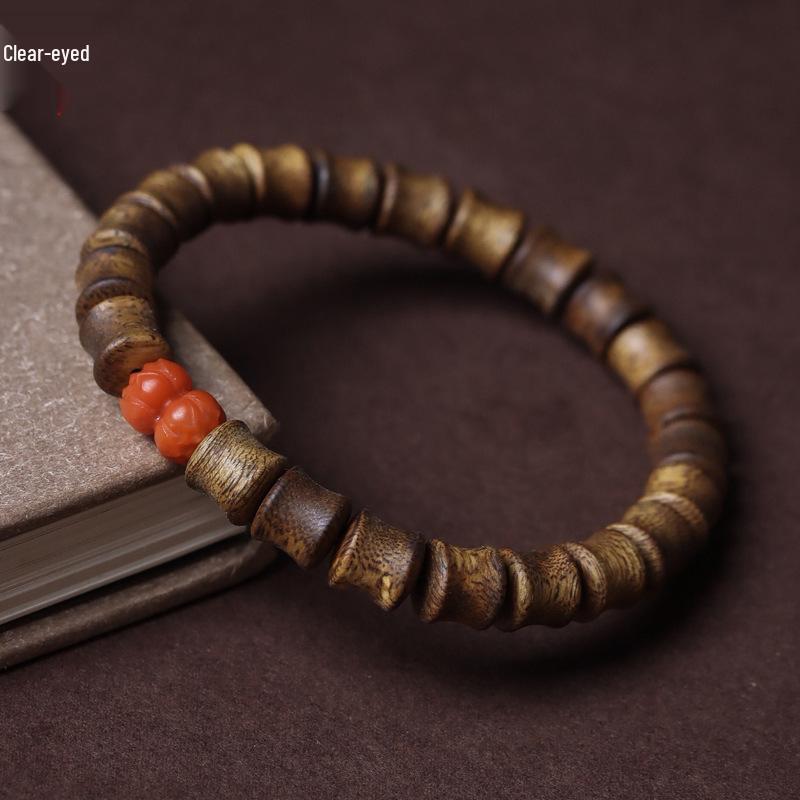 Hainan Green Qinan Agarwood Bamboo Joint & Lotus Bead Bracelet, 0.7 DIY, Unisex Prayer Beads