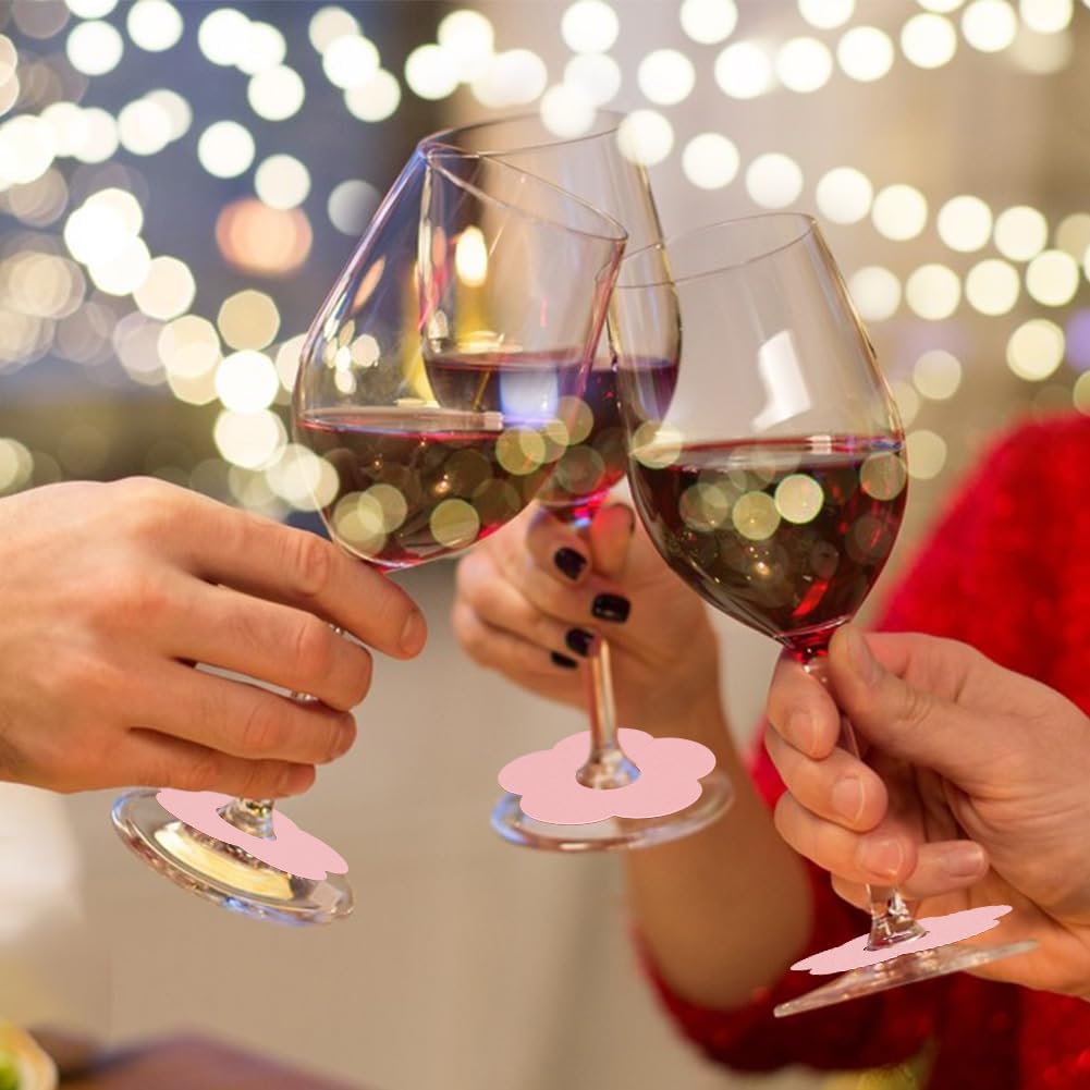 FINGERINSPIRE 150 Pcs Drink Name Tags for Wine Glasses Flower/Round Shape Pink Paper Wine Glass Marker Blank Wine Glass Charm Cocktail Champagne Tag