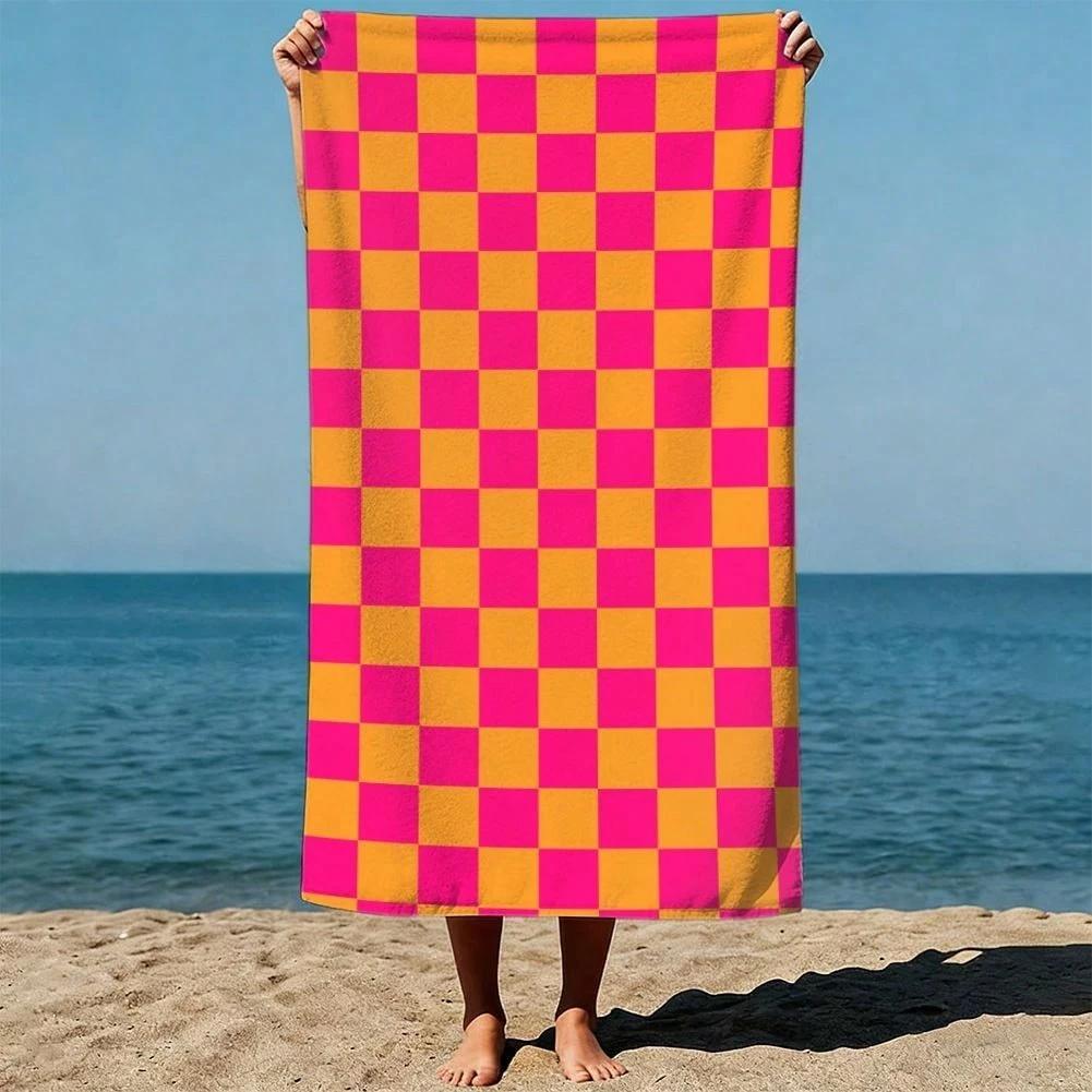 Serviette de plage à carreaux rose vif et orange, séchage rapide, légère, respirante, confortable, pour l'été et l'extérieur 70x140cm