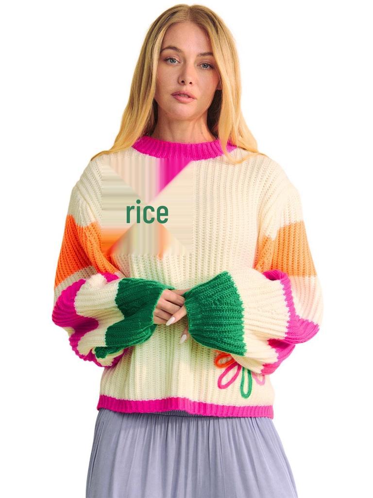 2025 Winter Floral Color Block Knit Pullover for Women - Warm European & American Fashion Sweater