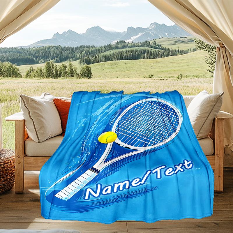 1PC Custom Name Tennis Racket Ball Outdooor Flannel Blankets Throw Blanket All-Season Throw Gift Bedspread for Couch, Bed, Camping Holiday Birthda