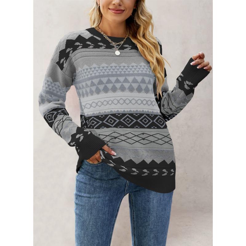 

Autumn and winter new pattern rhombus jacquard multi-color splicing knitted sweater pullover retro sweater women s S
