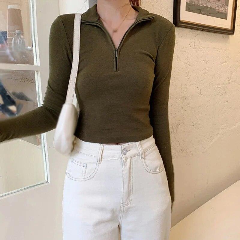 Solid Color Long Sleeve Autumn Winter Outfits Women's Crop Top Slim Fit Casual Sexy Base Shirt Cropped Sweatshirt