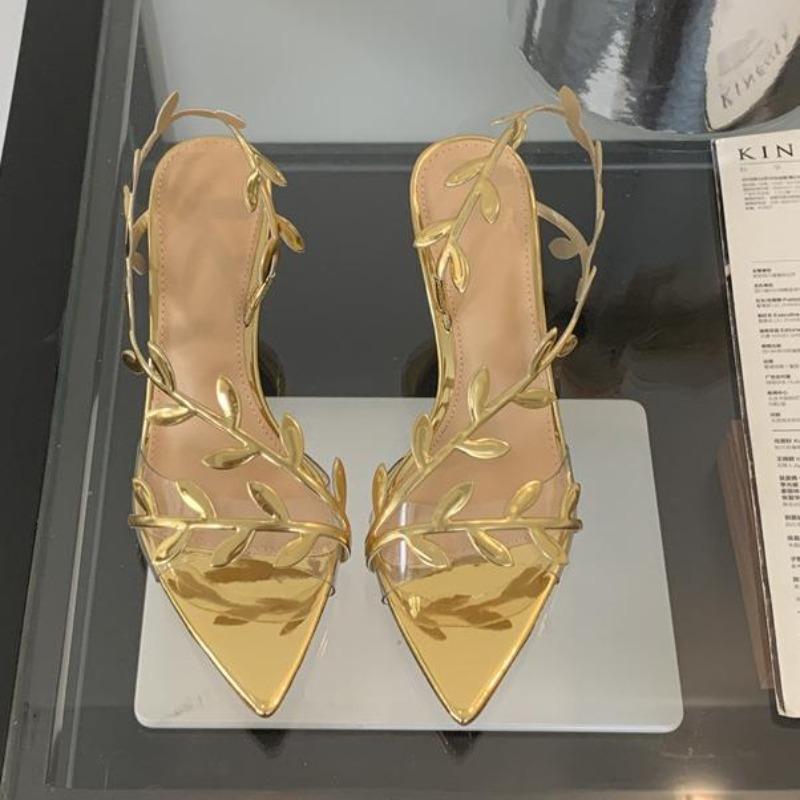 Fashion 2025 Summer Ladies High Heels Fashion Pointed Leaf Gold Silver High Heel Sandals Women Party Wedding Shoes Sandalias De Mujer
