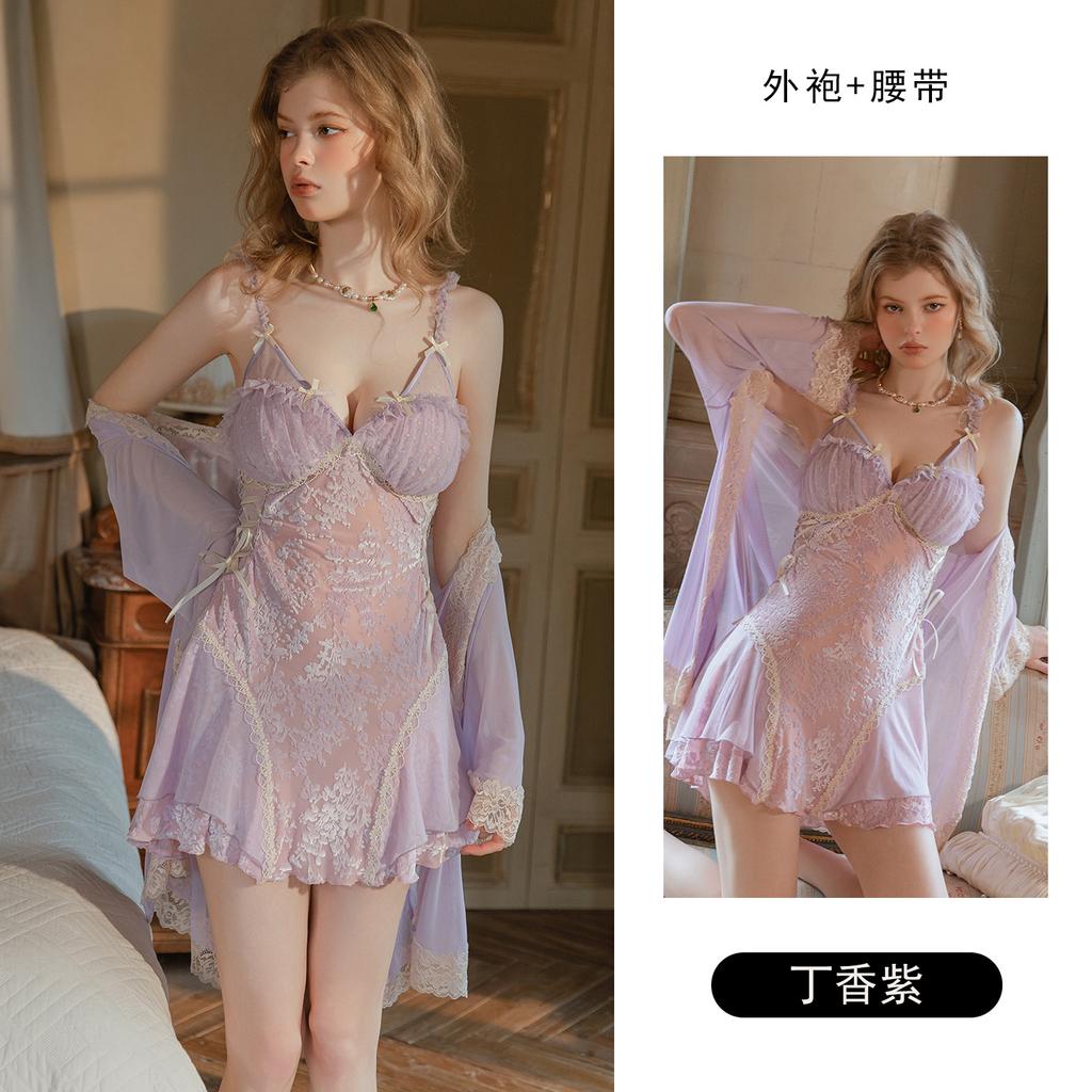 Women's Burnout Lace Mesh Lace Up Padded Sleep Dress with Robe Lounge Set