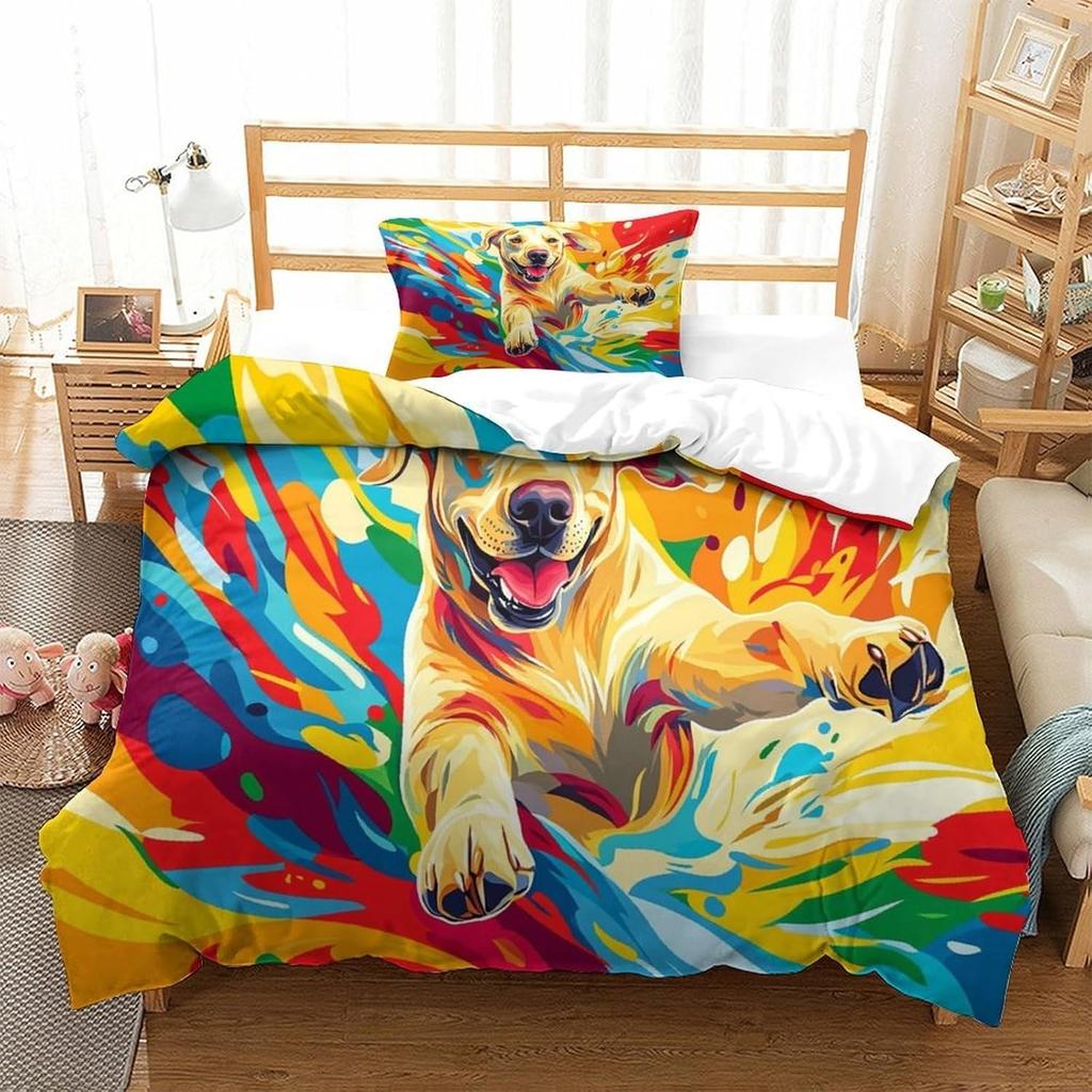 Dog Bedding Set, Cartoon Cute Style 3D Printed Ultra-fine Fiber Duvet Cover Pillowcase 3-piece Set for Adults and Children