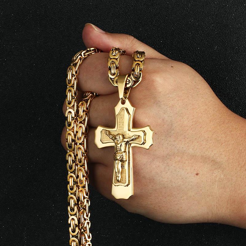 Bible Silver Color Jesus Cross Stainless Steel Pendants Necklaces Byzantine Long Chain Necklace for Men Jewelry Colar Collier