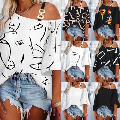 Neues Herbst-Europäisches und Amerikanisches Mode-Spleiß-Lässiges Lockeres Oberteil Damen-T-Shirt mit Aufdruck