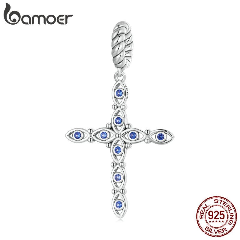 

BAMOER 925 стерлингового серебра выдолбленные голубые глаза дьявола и крест бисер амулеты для женщин оригинальный браслет браслет ожерелье DIY ювелирные изделия