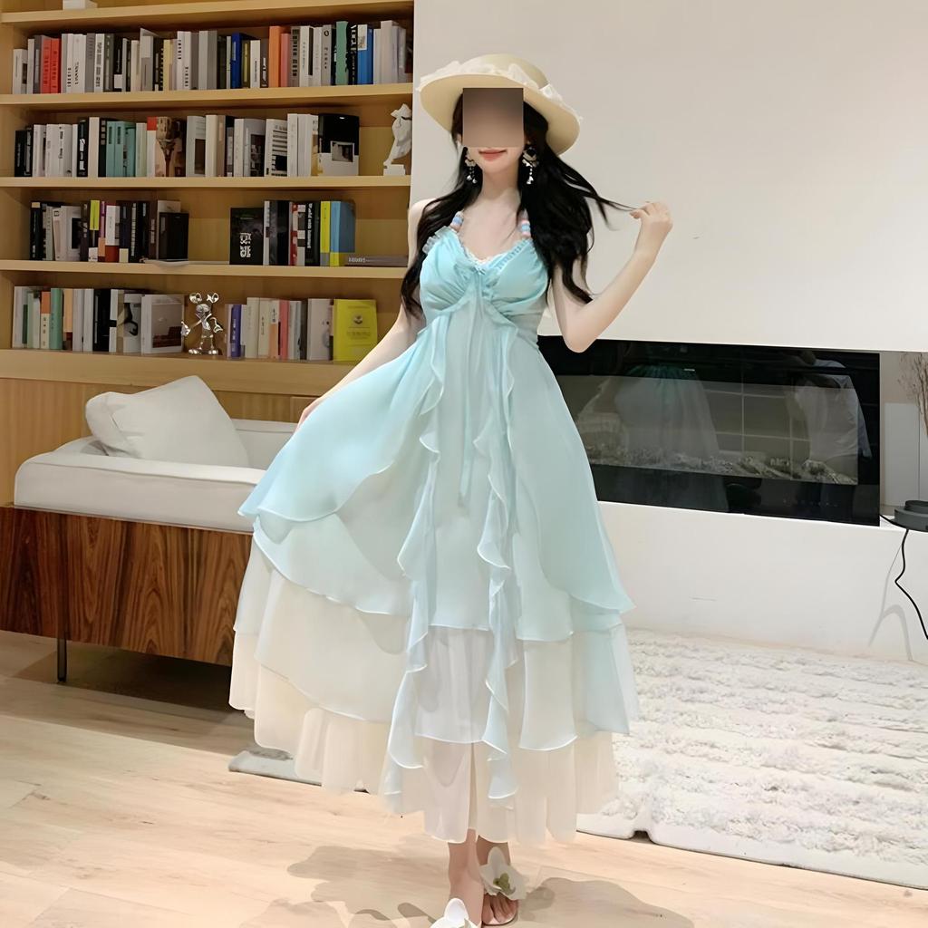 Mädchen Mint Mambo Dopamin Kleidung Trägerlanges Kleid Sommerliche Atmosphäre Urlaubsstil Design Fortgeschrittenes Temperament
