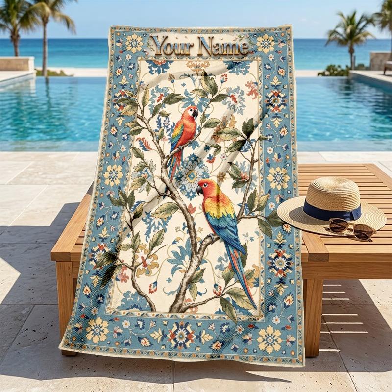 Custom Name Floral Parrots Quick-drying, highly absorbent beach towel,suitable for the beach, pool, gym, and travel.Sports sweat towel Convenient and