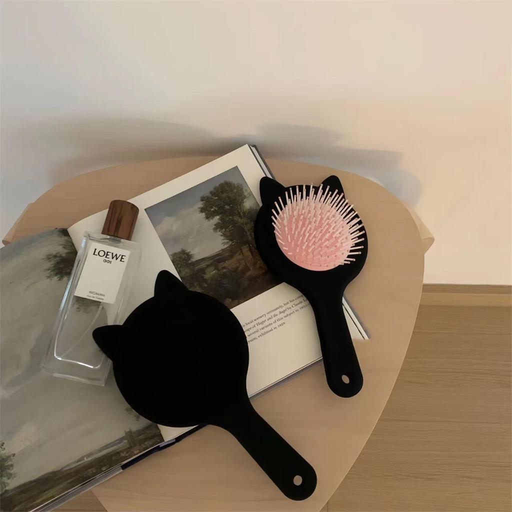 Women's Black Cat Ear Cushion Massage Comb – Portable, Smooths Hair