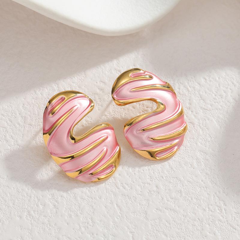 18K Gold Geometric Enamel Oval Earrings - High-End, Light Luxury Design розовый