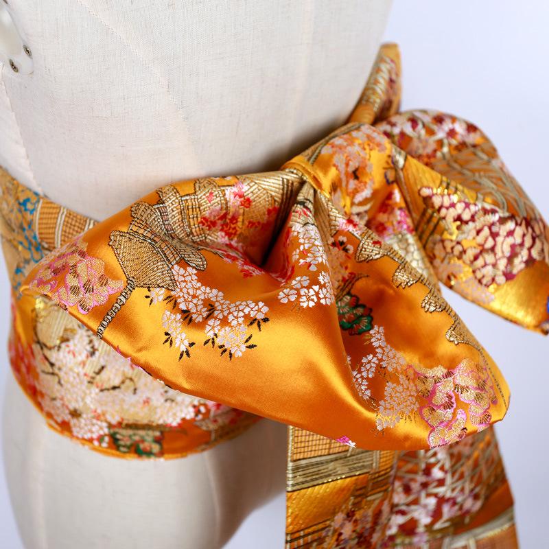 Japanese Kimono Obi: Brocade Jacquard Taiko Bow with Floral Knot Trim