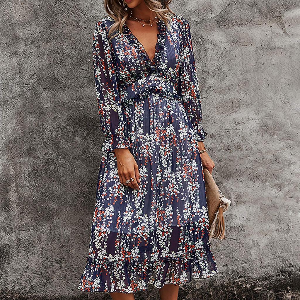 Women's Fashion Sexy Slim Casual V-Neck Chiffon Floral Dress