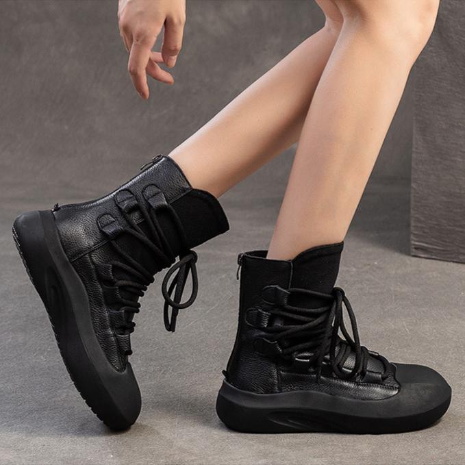 Johnature Botas retrô de cano médio com sola grossa e couro legítimo com cadarço, sapatos femininos