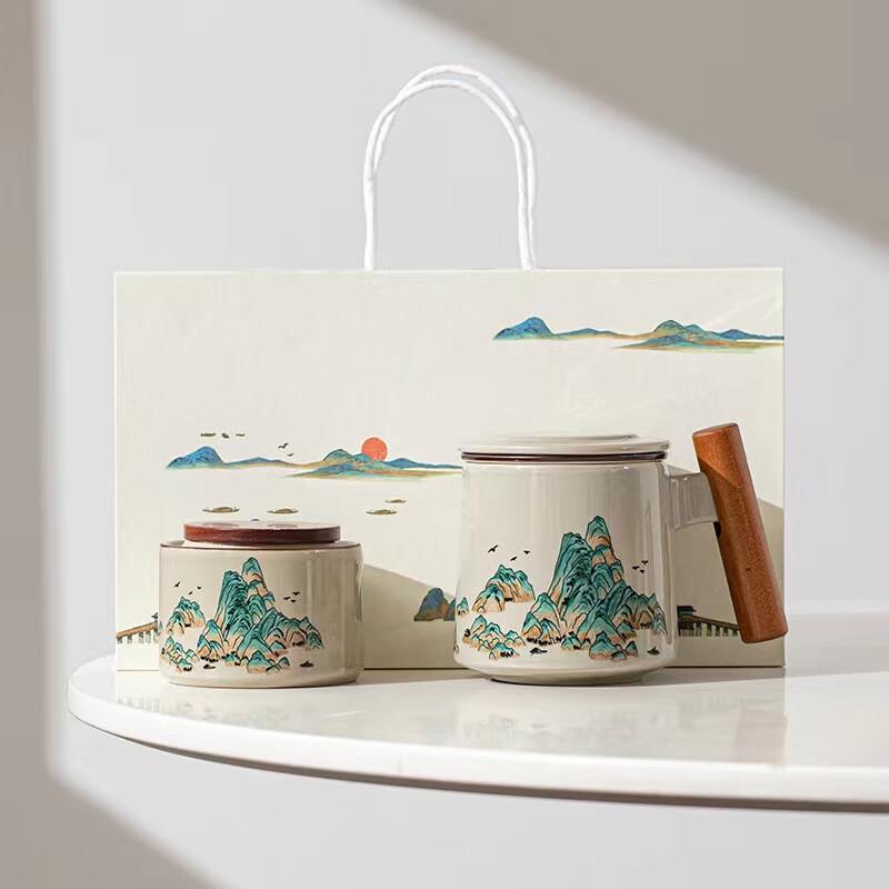 Qianli Jiangshan Ceramic Tea Infuser Mug Gift Box Set with Tea Caddy